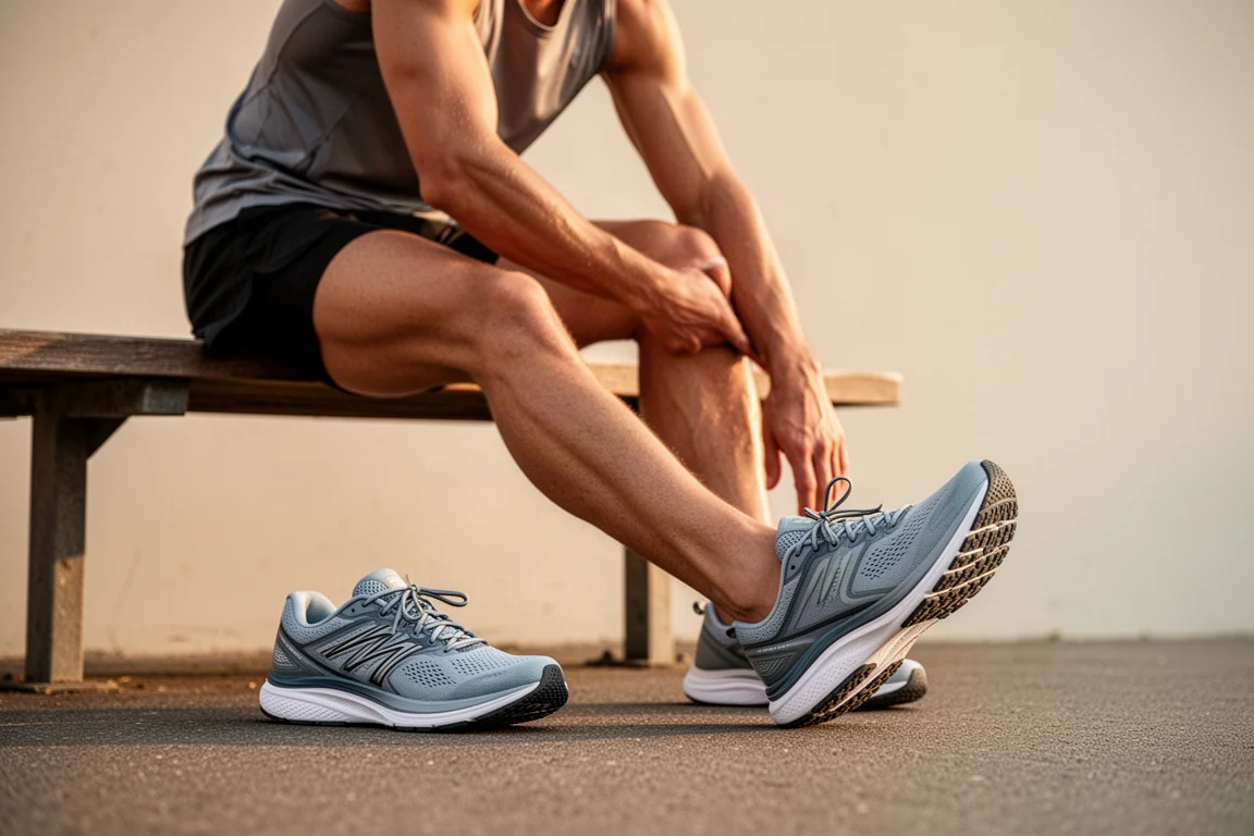 Corridore che si allunga su una panca dopo una lunga corsa con le scarpe da allenamento vicine