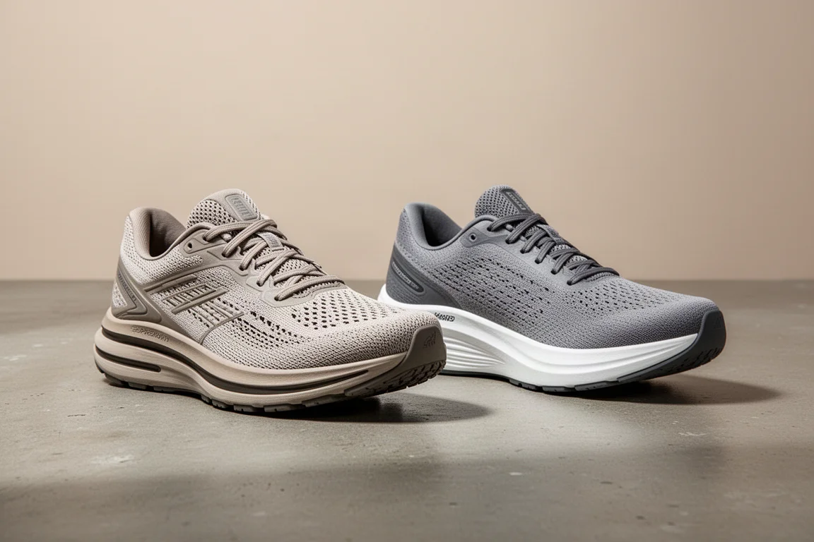 Two daily trainer running shoes side by side on a concrete surface