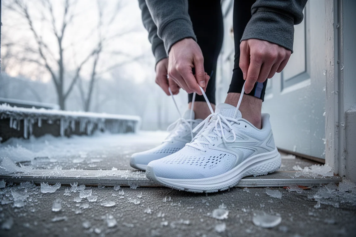 Runner lacing up white running shoes on a cold morning near iced steps