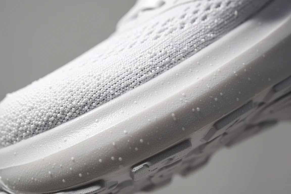 Close-up of white beaded TPU foam midsole showing bead texture
