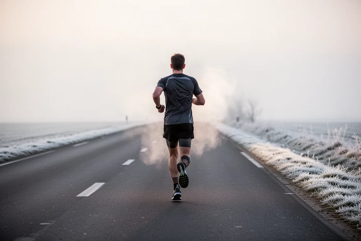 Runner finishing a long two-hour run on an open road at dawn