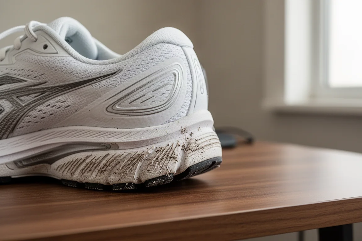 Heel of a worn white running shoe showing outsole grinding after hundreds of miles