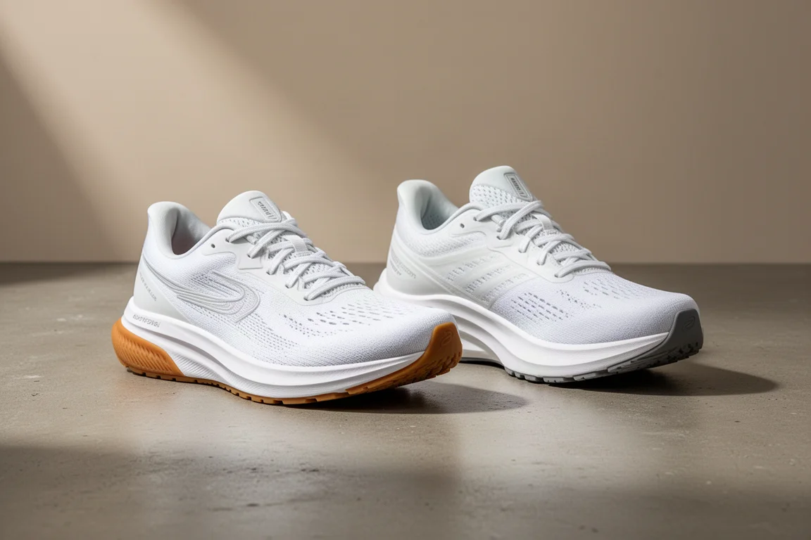 Two white Saucony running shoes side by side on a concrete surface