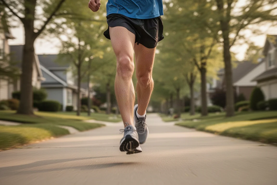 Läufer absolviert lockere Kilometer auf einem baumgesäumten Vorstadtweg