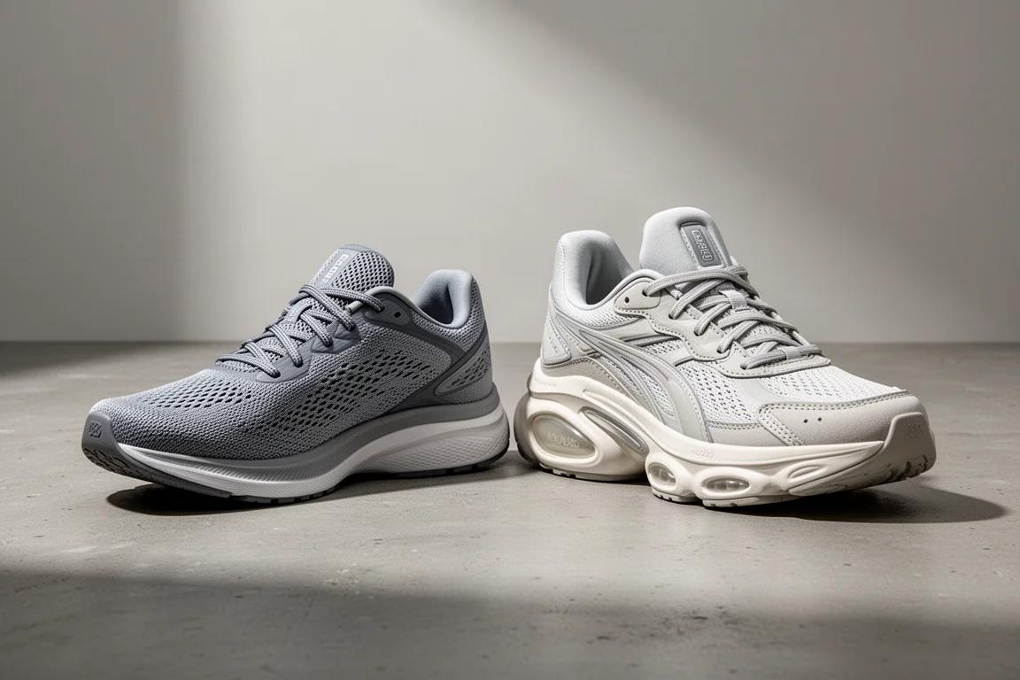 Saucony Ride 18 and Triumph 23 running shoes side by side on concrete