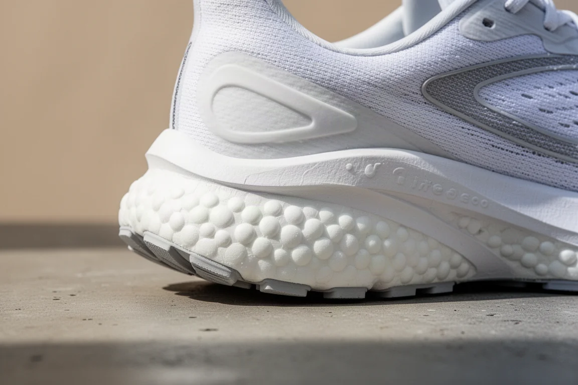 Close-up of a thick foam midsole showing heel stack and outsole rubber