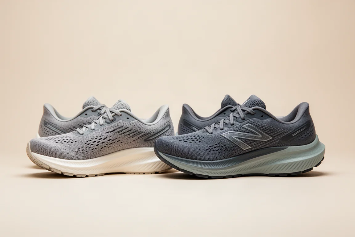 Two running shoes side by side on a neutral surface for comparison