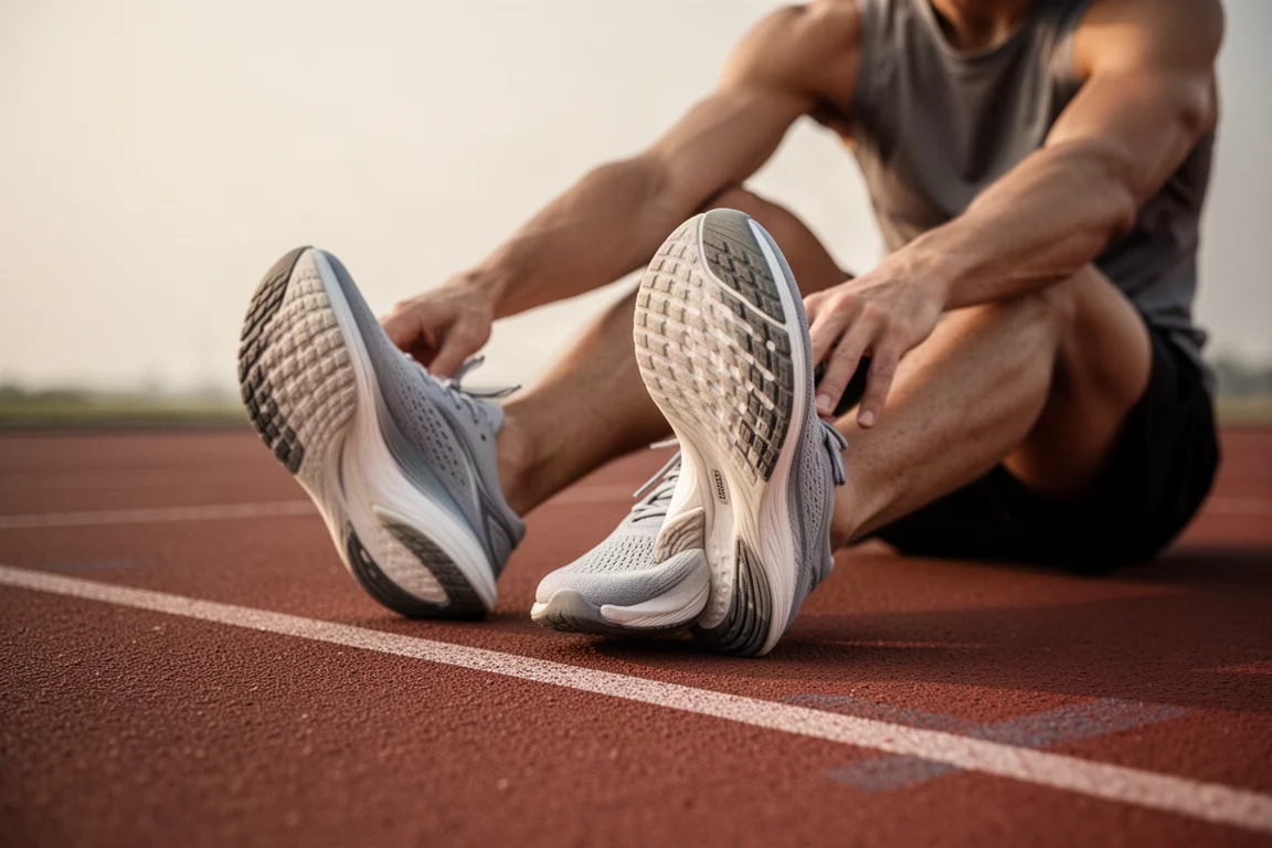 Runner's feet in wide toe box shoes resting on a track lane after a workout