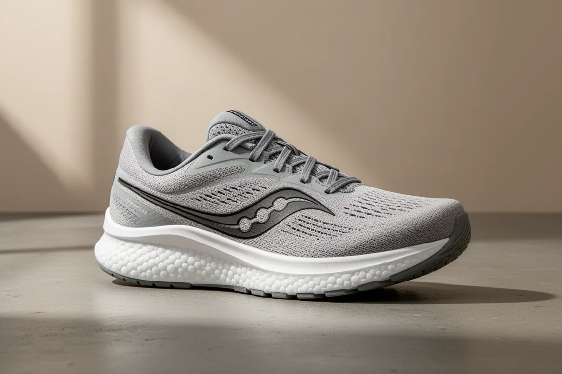 Saucony Ride 19 日常訓練鞋,以四分之三側面視角置於水泥地上