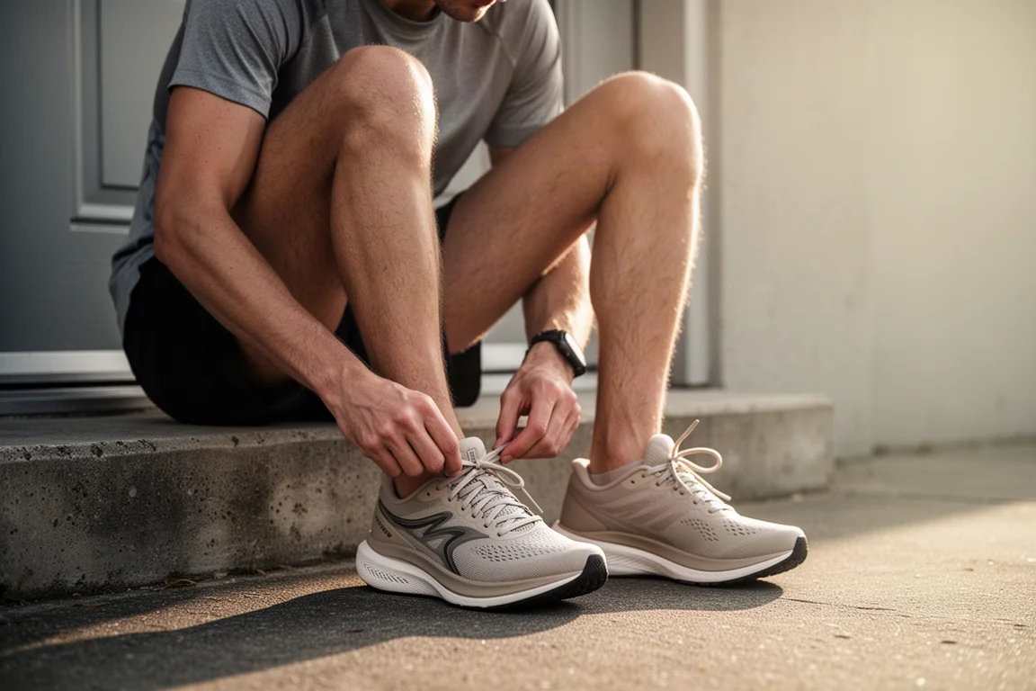 Runner lacing up a pair of neutral daily training shoes on a doorstep before an early morning run