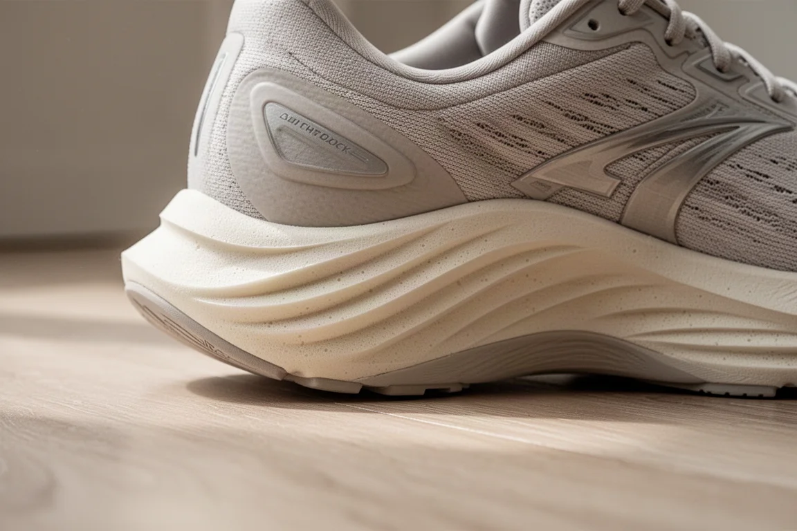 Close-up of a cushioned running shoe midsole resting on a wooden floor