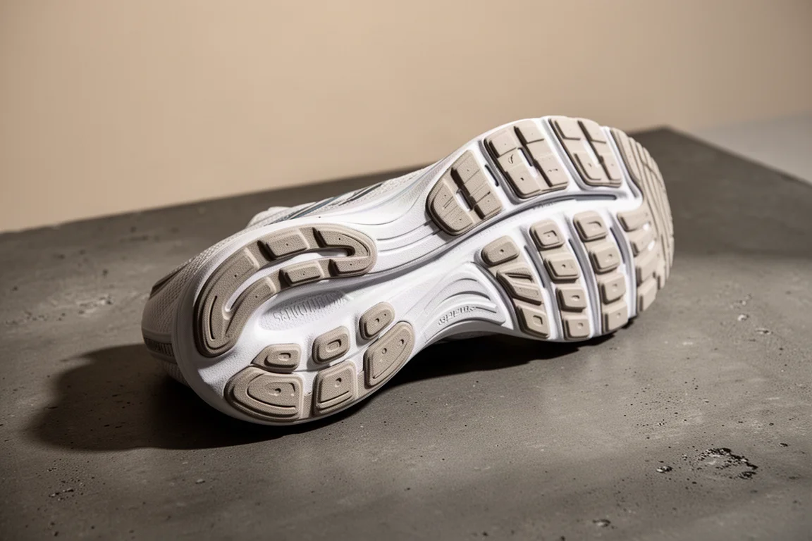 Running shoe outsole with forefoot rubber pattern viewed from below on a dark surface