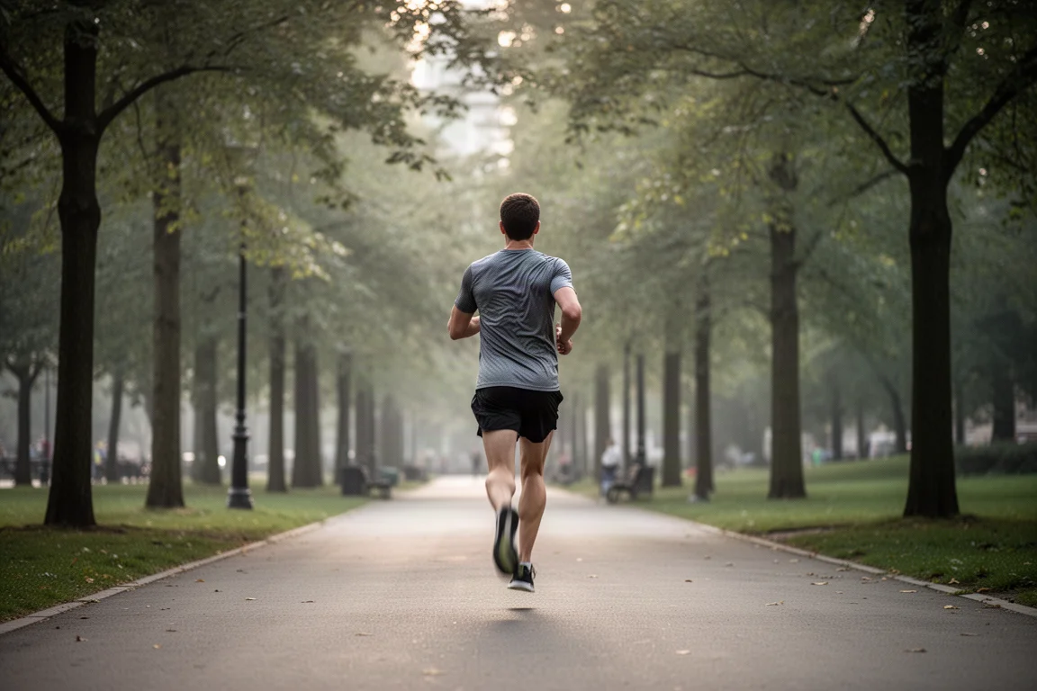 Runner moving along an urban park path at an easy steady pace in soft daylight