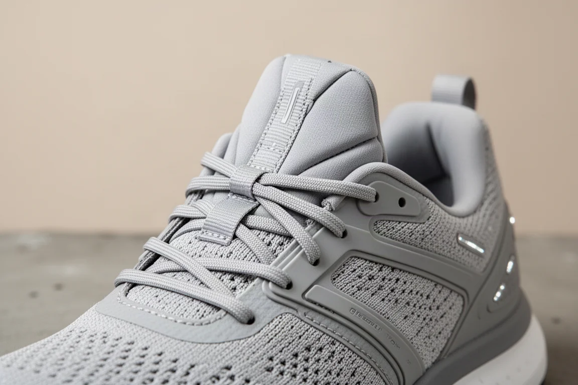 Close-up of a running shoe upper showing a gusseted padded tongue and stretchy laces