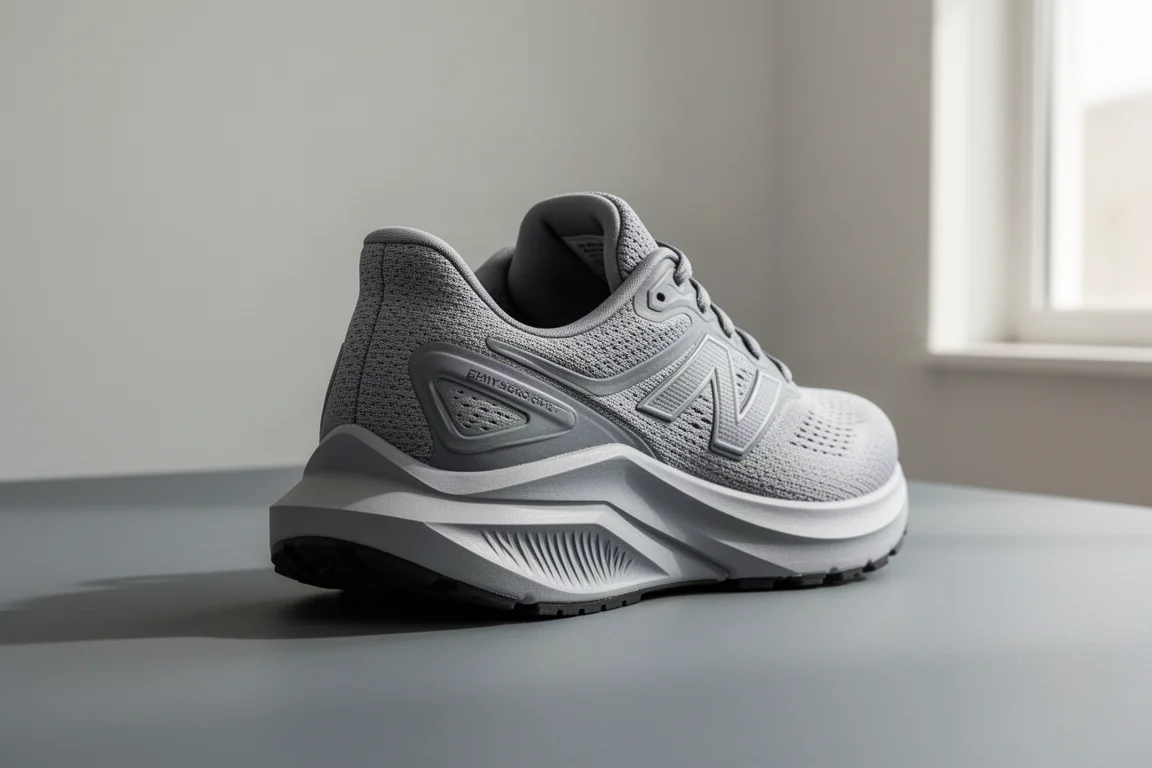 Running shoe heel showing a wide heel platform and sculpted heel bevel