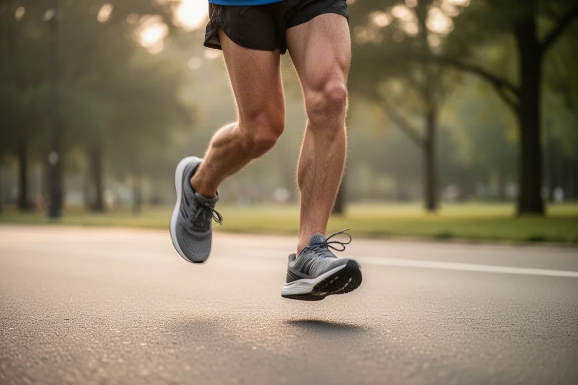 Runner's foot striking road pavement on an easy morning run
