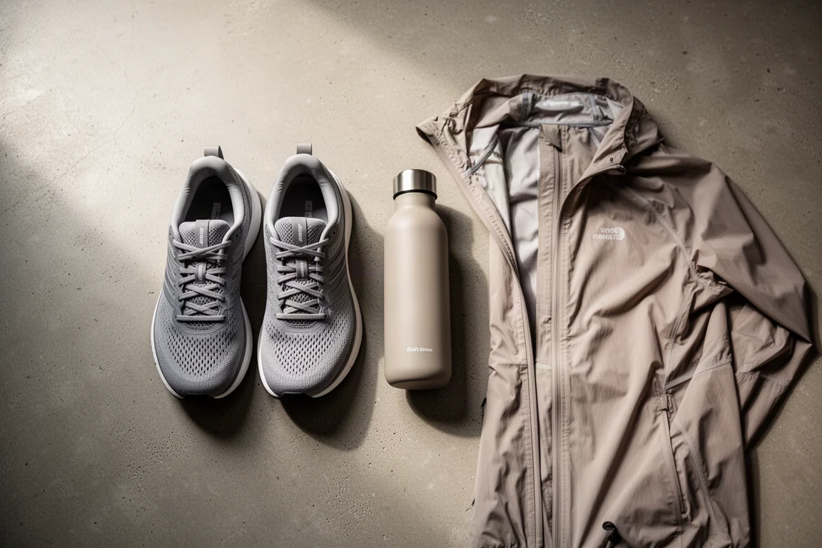 Running shoes, watch and water bottle laid out on a concrete floor before a long run