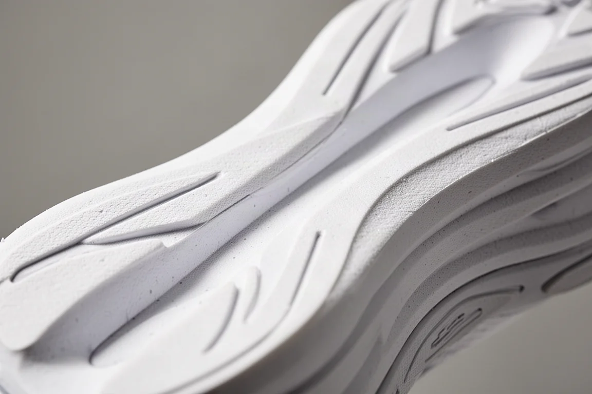 Primer plano de una mediasuela blanca y gruesa de zapatilla de running mostrando la geometría de la espuma