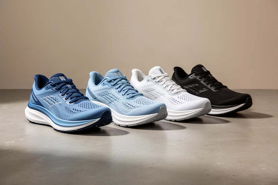 Four Saucony road running shoes lined up on a concrete surface