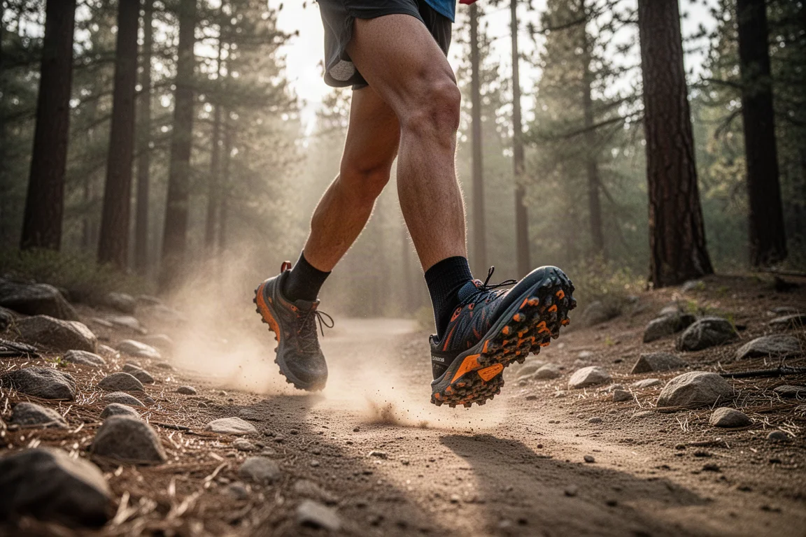 Trailrunner überquert einen steinigen Wanderweg in Trailshoes mit Profilsohle