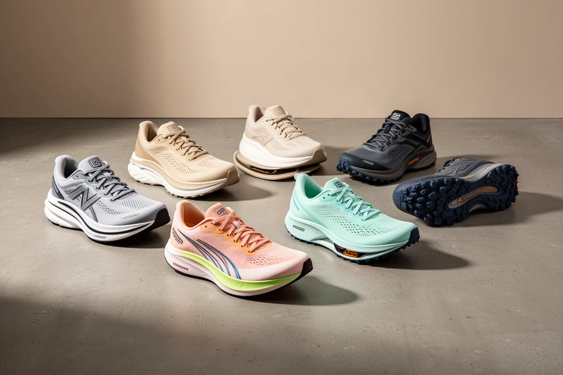 Seven Saucony running shoes of different silhouettes arranged on a concrete floor