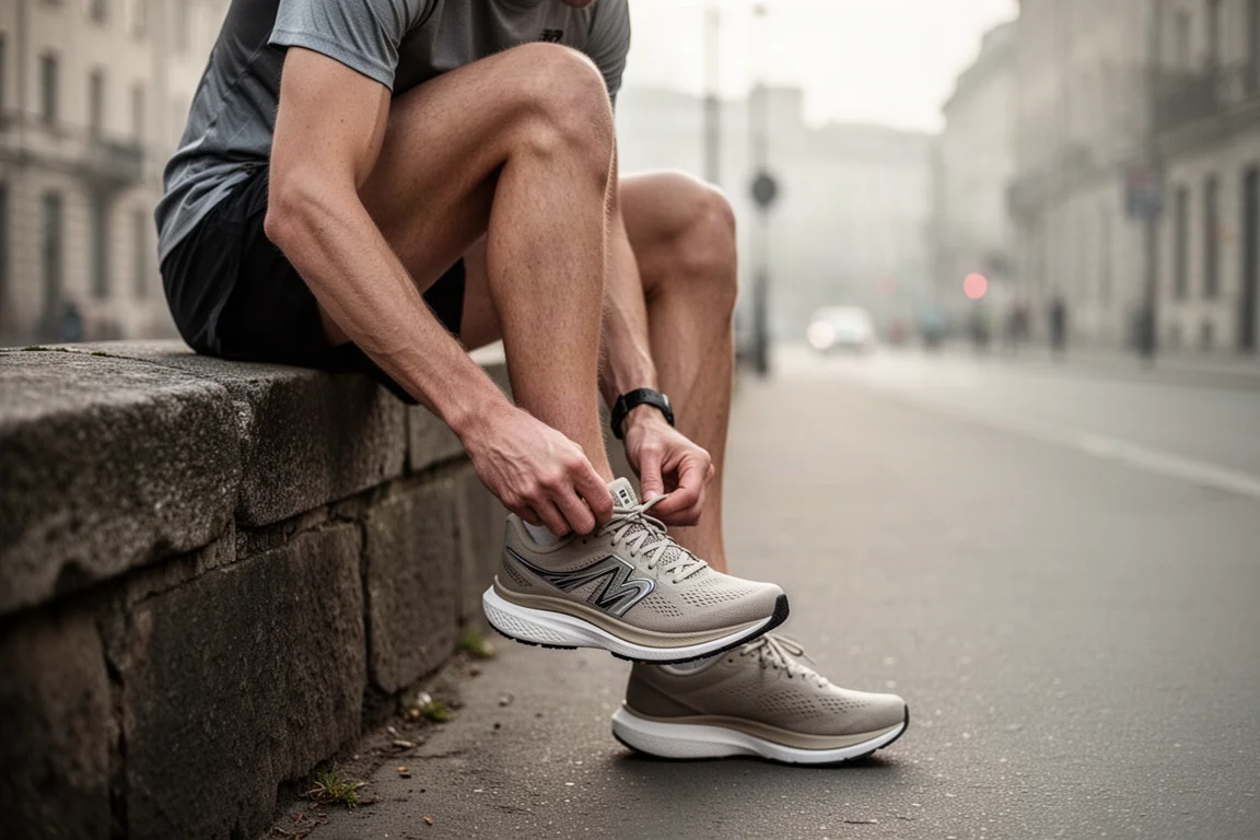 Corredor atándose las cordones de una entrenadora neutra diaria en una acera tranquila al amanecer