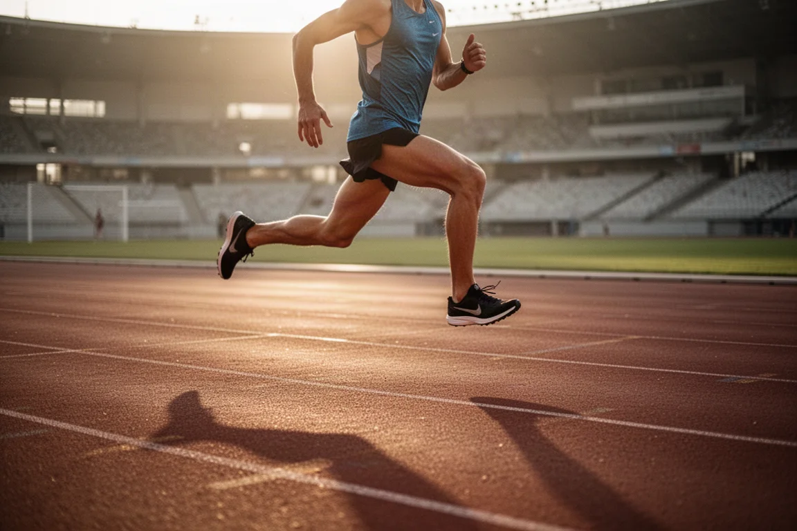 Corredor realizando series rápidas en una pista de atletismo con poca luz al atardecer
