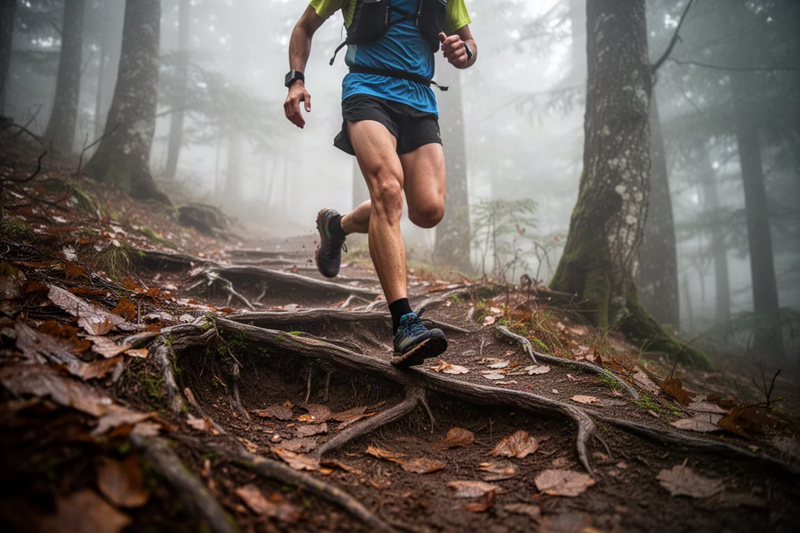 Trail runner subiendo por un sendero forestal con raíces bajo una luz suave y nublada