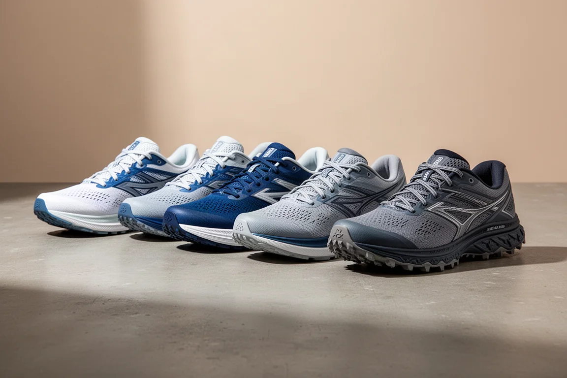 A lineup of road and trail running shoes on a concrete surface