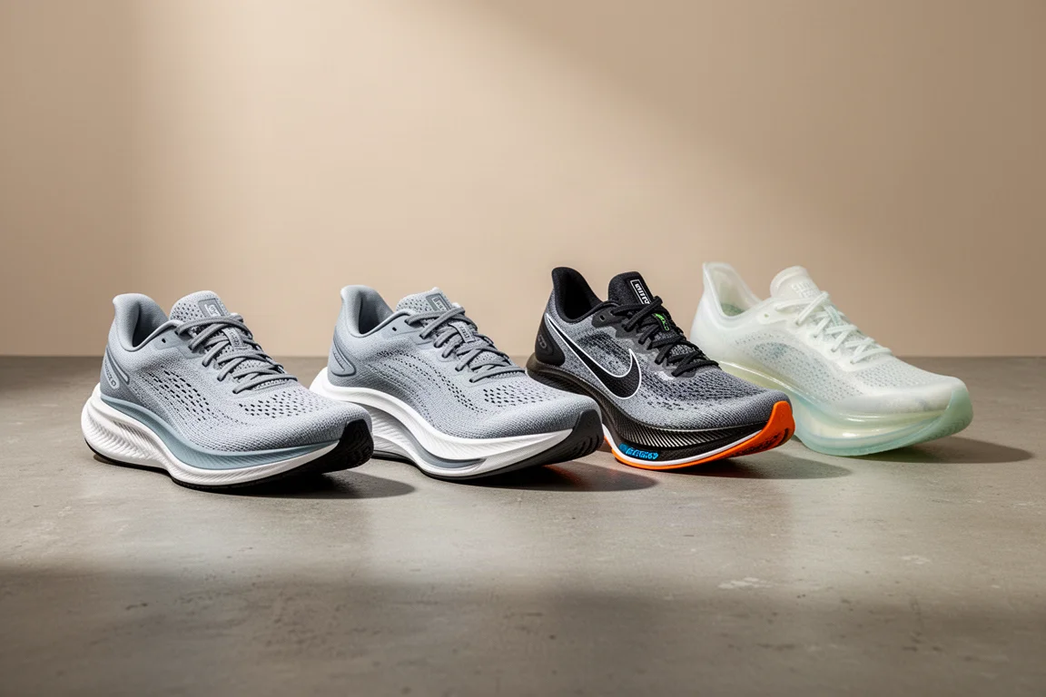 Vier Saucony-Laufschuhe in einer Reihe auf einer betonierten Oberfläche