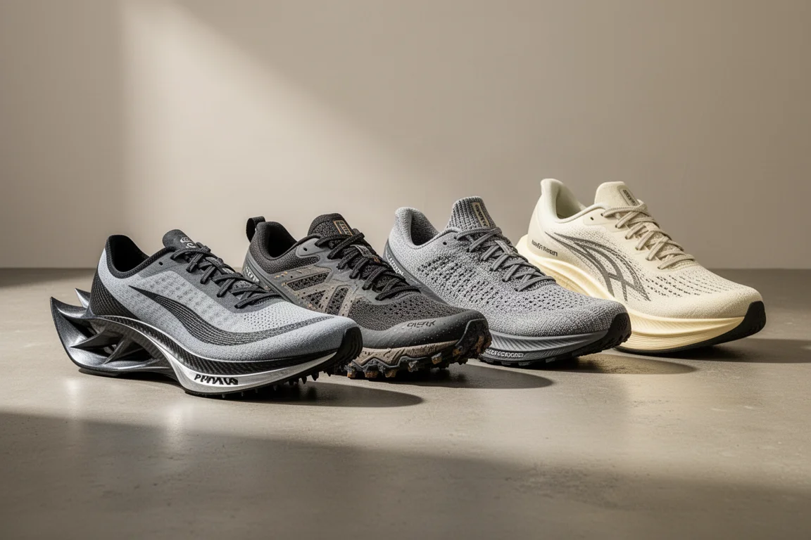 Four Saucony running shoes in a row on a matte concrete surface