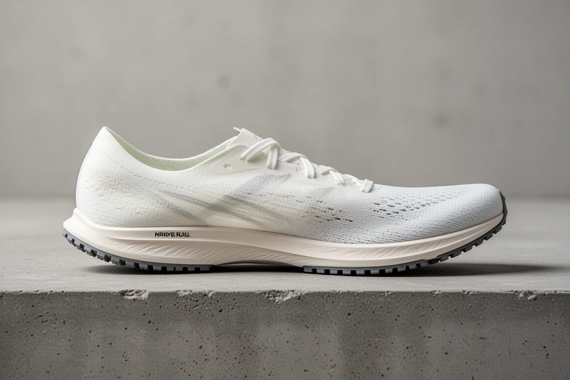 Chaussure de course profilée posée sur une surface grise mate montrant sa fine semelle extérieure