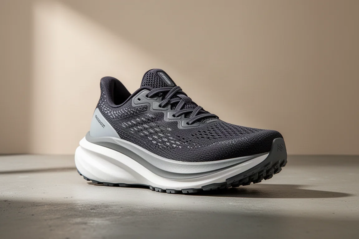 Saucony Sonic Blast running shoe with tall foam midsole on concrete surface