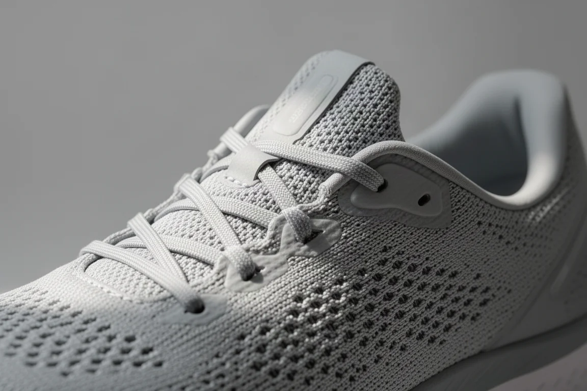 Close-up van het engineered mesh bovenwerk van een hardloopschoen met de gebreide textuur in beeld