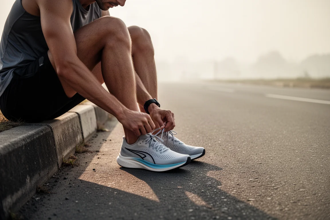 Hardloper die lichte raceschoenen aanstrijkt op een stille weg voor een trainingssessie