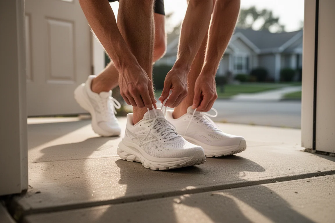 Läufer schnürt einen weißen gedämpften Laufschuh auf einer Wohnhaustreppe im Morgenlicht