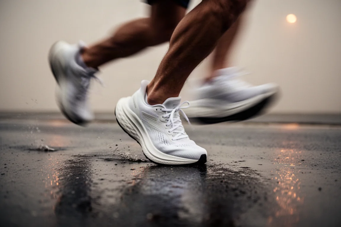 Mittelfuß-Schritt eines Läufers auf nassem Asphalt mit weich gedämpftem Schuh, der unter dem Fuß komprimiert