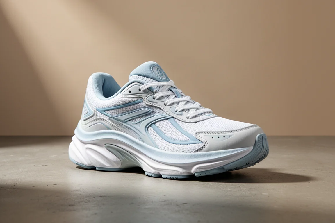 Saucony Surge 3 running shoe in white and blue on a concrete surface