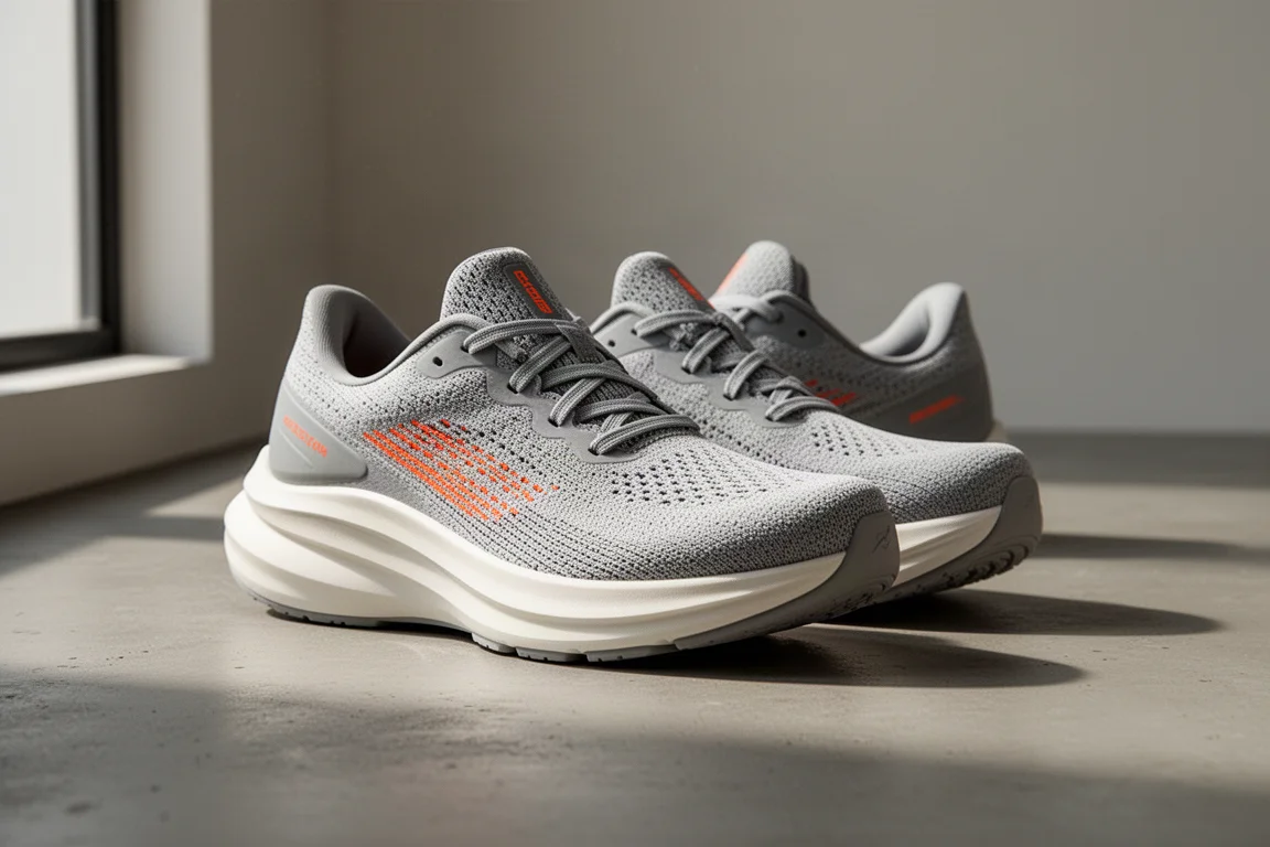 Saucony Tempest 2 stability running shoes in gray with orange accents on concrete