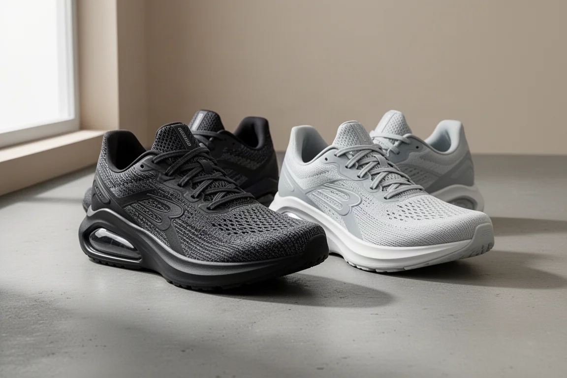 Two Saucony stability running shoes side by side on a grey concrete surface