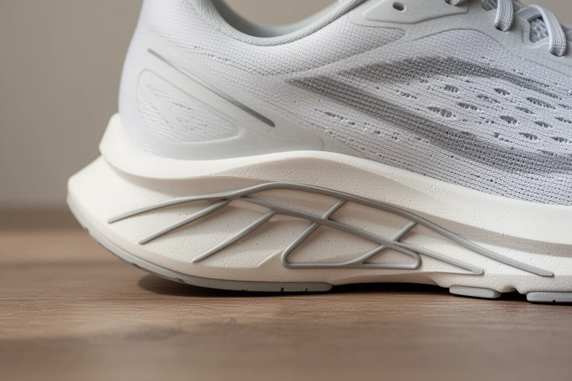 Gros plan sur la semelle intermédiaire légère d'une chaussure de running montrant la géométrie de la mousse