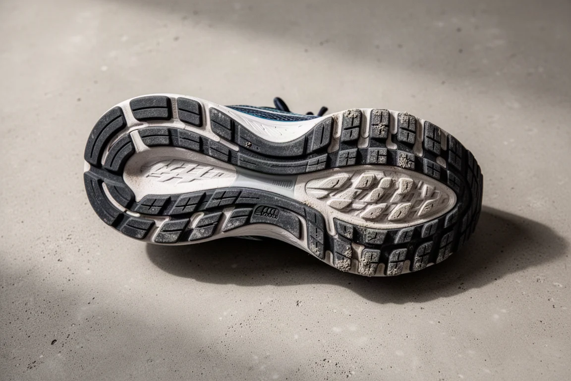 Semelle extérieure usée d'une chaussure de running montrant une usure minimale de la gomme après de nombreux kilomètres