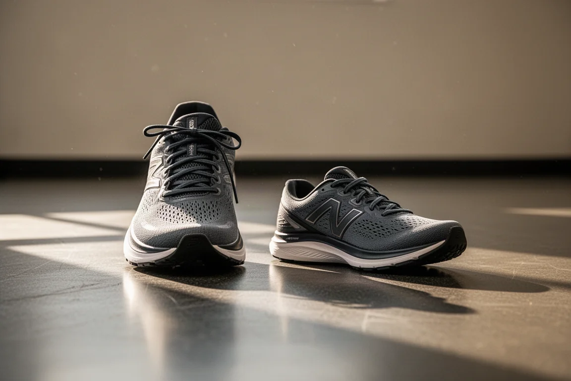 Deux chaussures de running posées côte à côte sur le sol d'une salle de sport après une séance