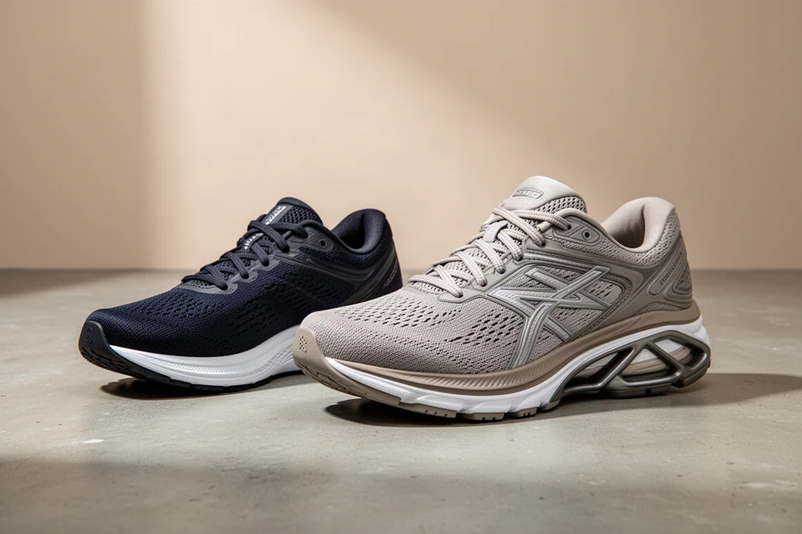 Saucony Tempus 2 and Brooks Hyperion GTS 2 running shoes side by side on concrete