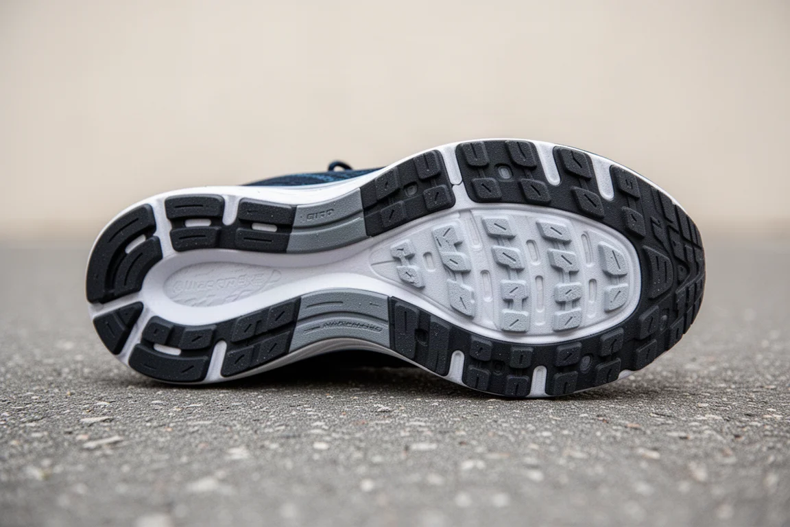 Suela de una zapatilla de running apoyada sobre asfalto mostrando el detalle del patrón de agarre