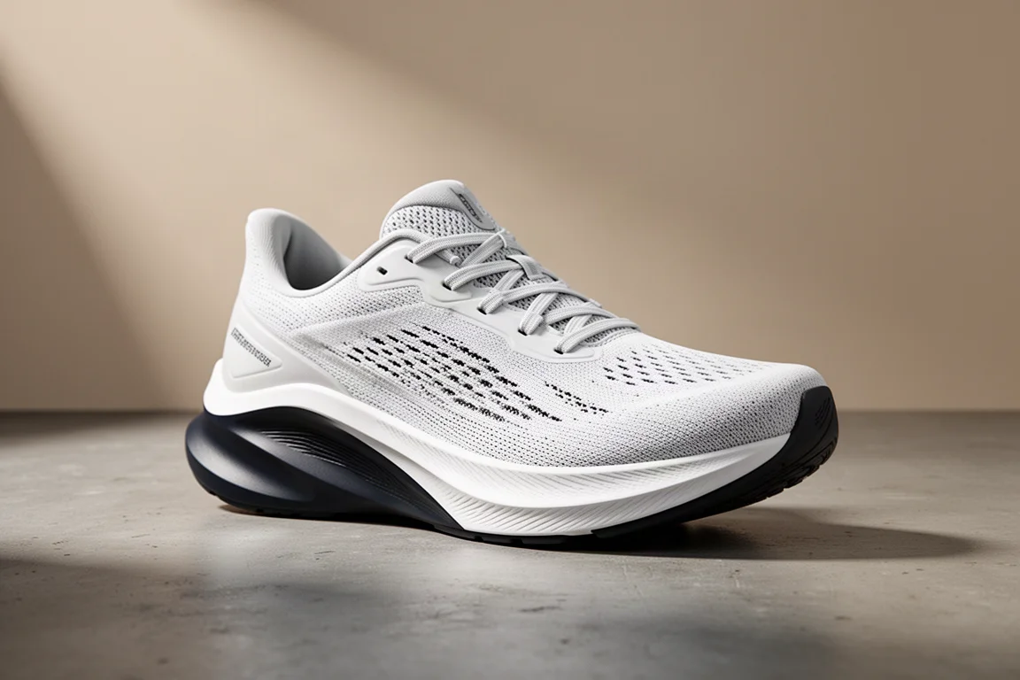 Saucony Tempus running shoe with white midsole on a concrete surface