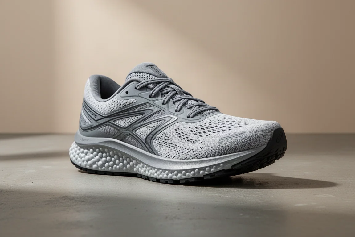 Saucony Tempus stability running shoe with red upper and tan outsole on concrete