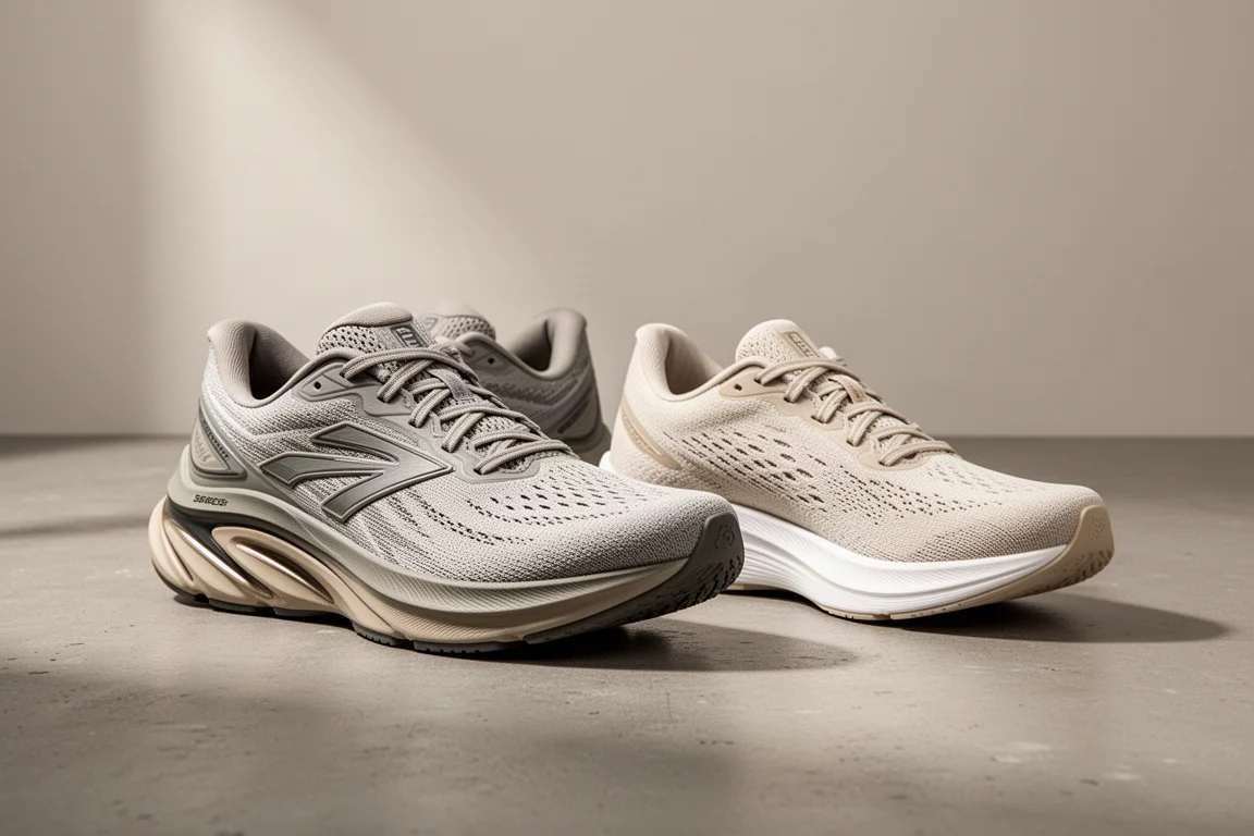 Two Saucony running shoes side by side on a concrete surface