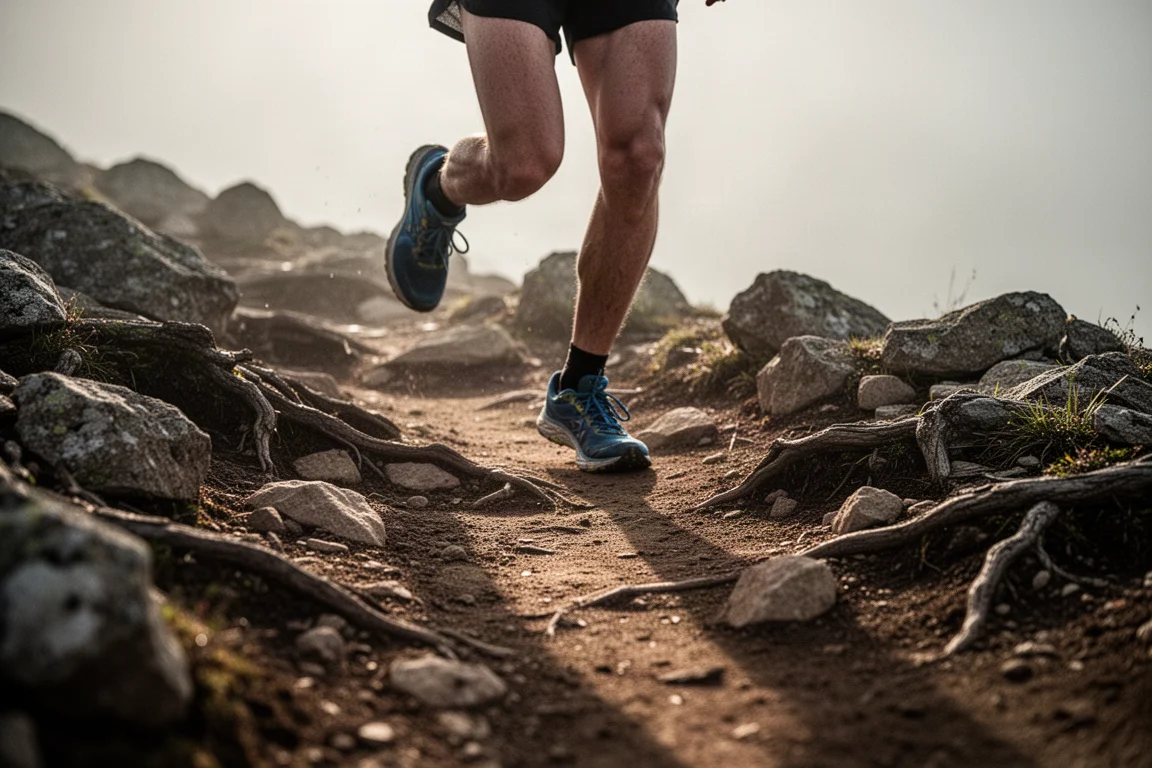 Trail runner moving over rugged terrain with scattered rocks and roots