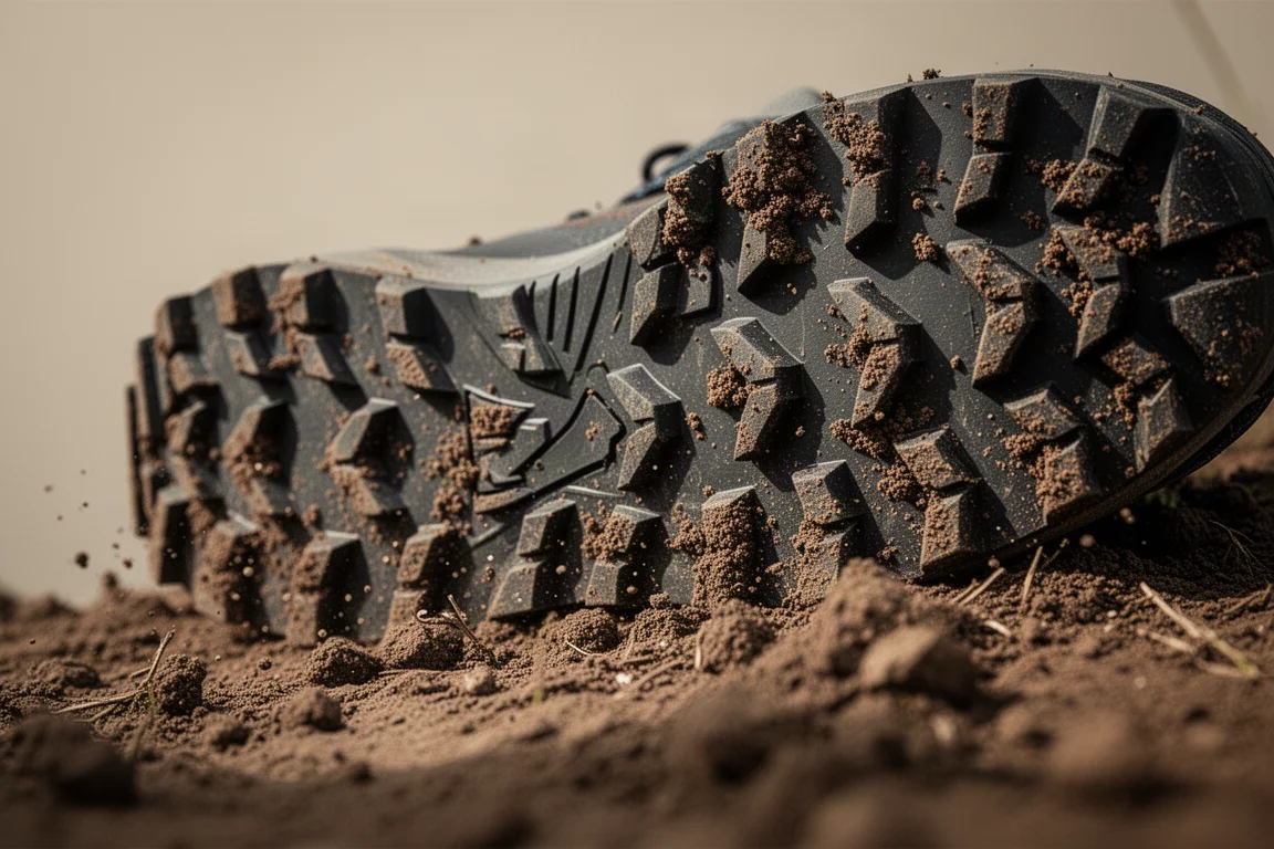 Deeply lugged trail shoe outsole shown in close detail